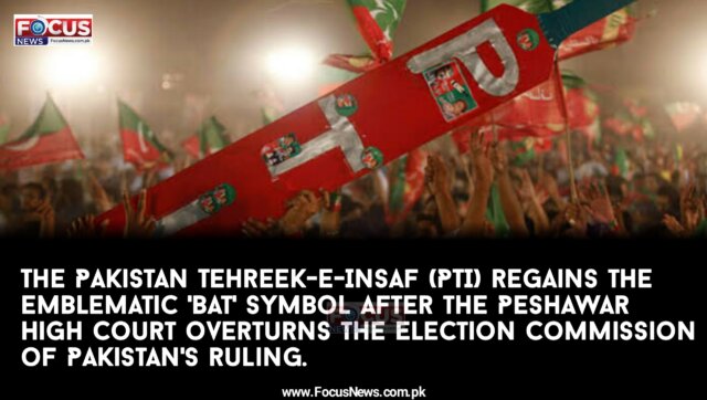 The Pakistan Tehreek-e-Insaf (PTI) regains the emblematic ‘bat’ symbol after the Peshawar High Court overturns the Election Commission of Pakistan’s ruling.